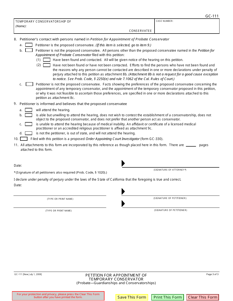 Form GC-111 Petition for Appointment of Temporary Conservator - California, Page 3