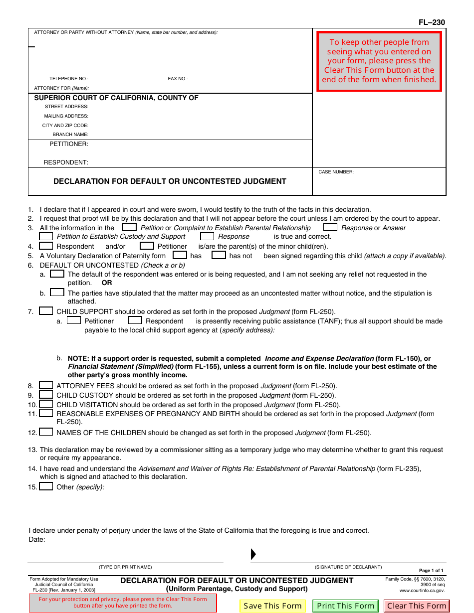 Form FL-230 Declaration for Default or Uncontested Judgment (Uniform Parentage, Custody and Support) - California, Page 1