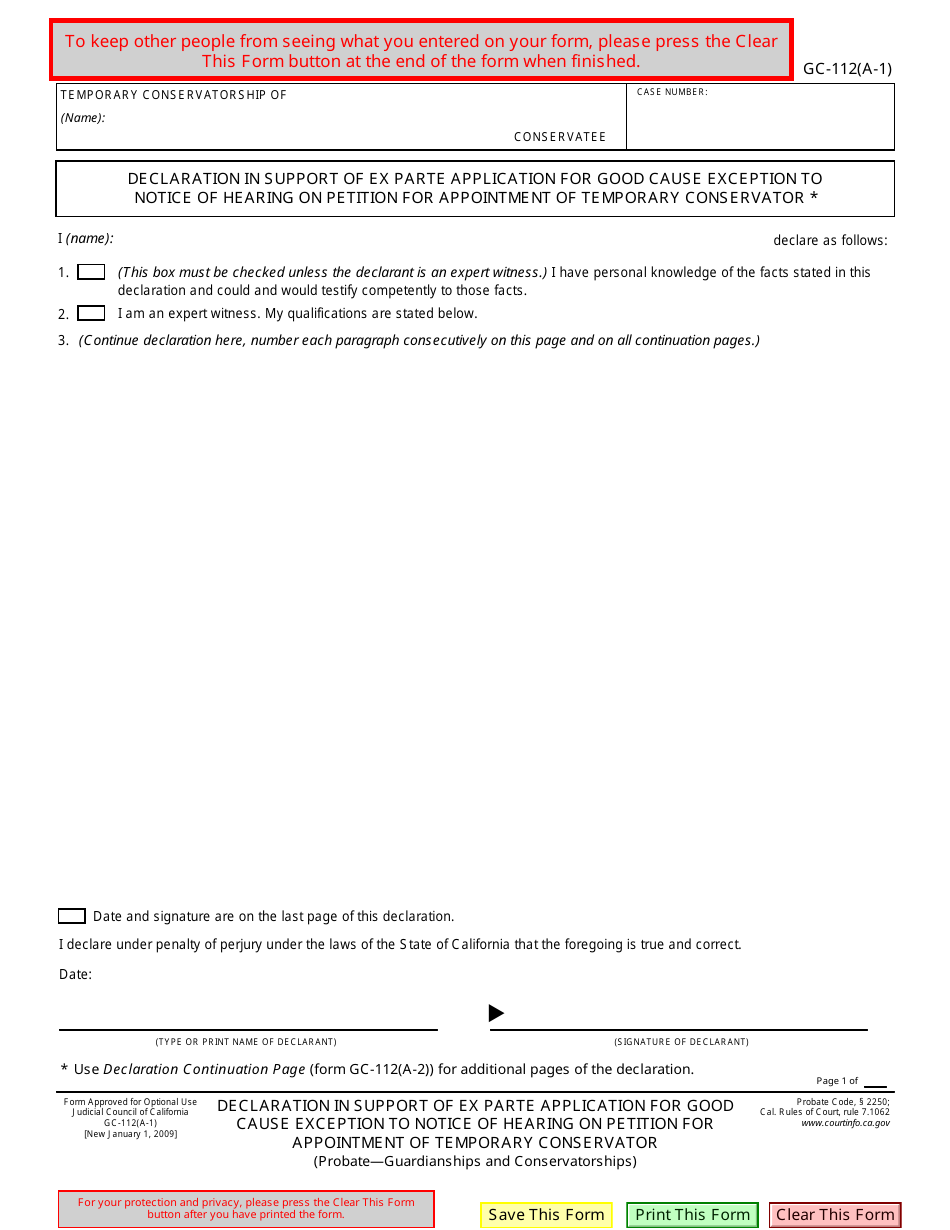 Form GC-112(A-1) Declaration in Support of Ex Parte Application for Good Cause Exception to Notice of Hearing on Petition for Appointment of Temporary Conservator - California, Page 1