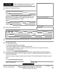 Document preview: Form DV-600 Order to Register Out-of-State or Tribal Court Protective/Restraining Order - California