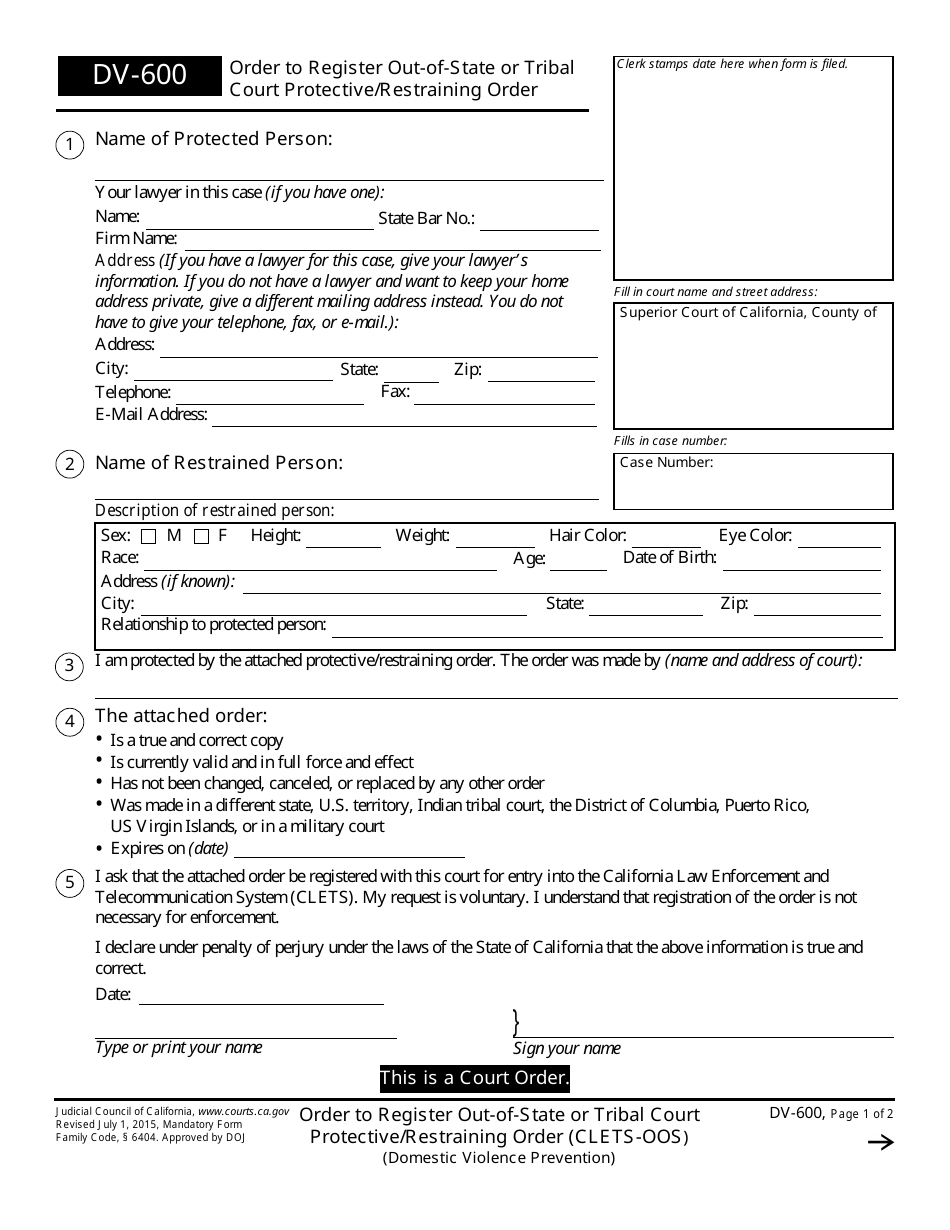 Form DV-600 Order to Register Out-of-State or Tribal Court Protective / Restraining Order - California, Page 1