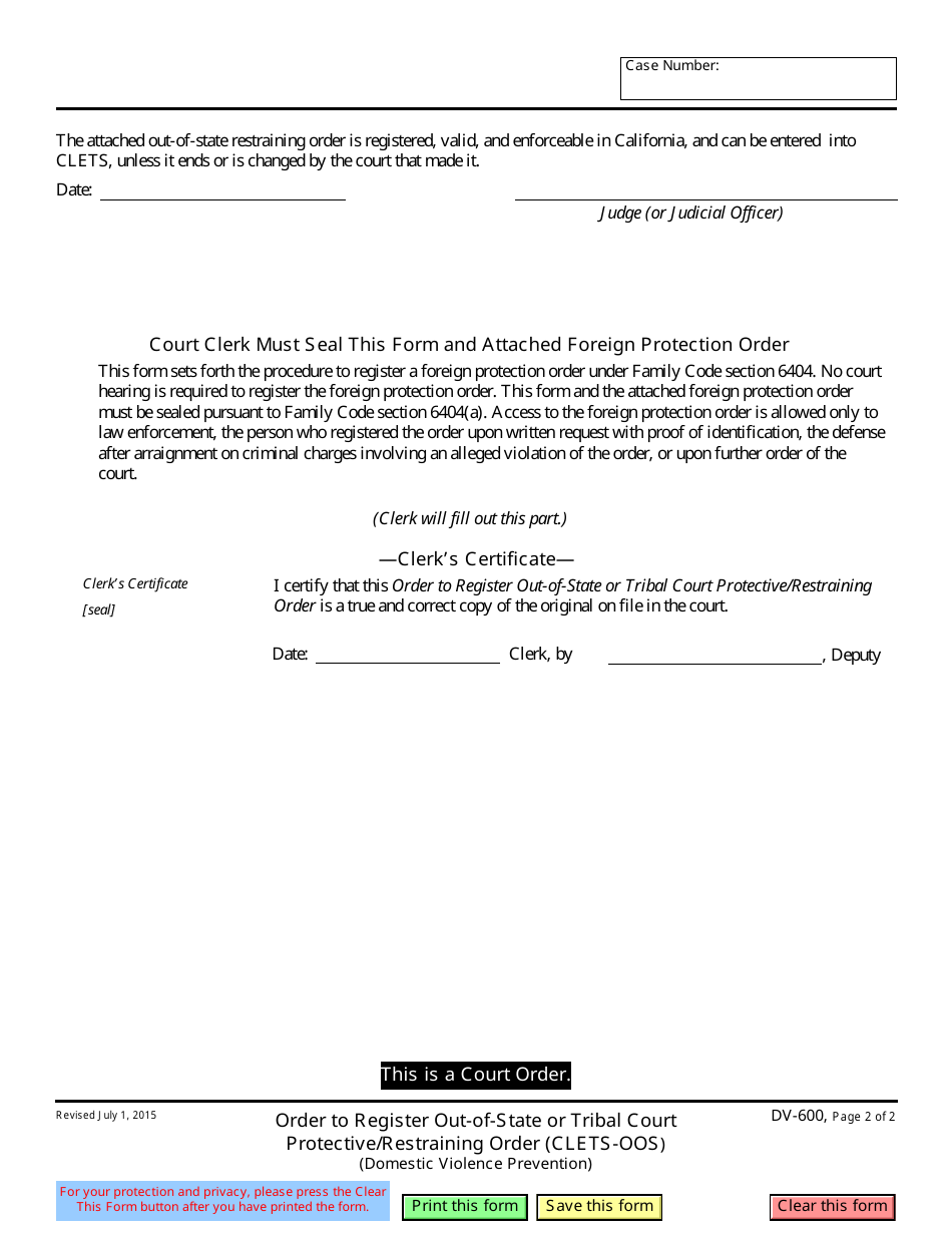 Form DV-600 Order to Register Out-of-State or Tribal Court Protective / Restraining Order - California, Page 2