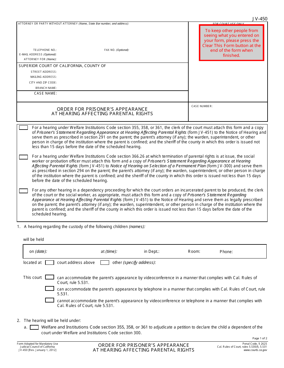 Form JV-450 Order for Prisoner's Appearance at Hearing Affecting Parental Rights - California, Page 1