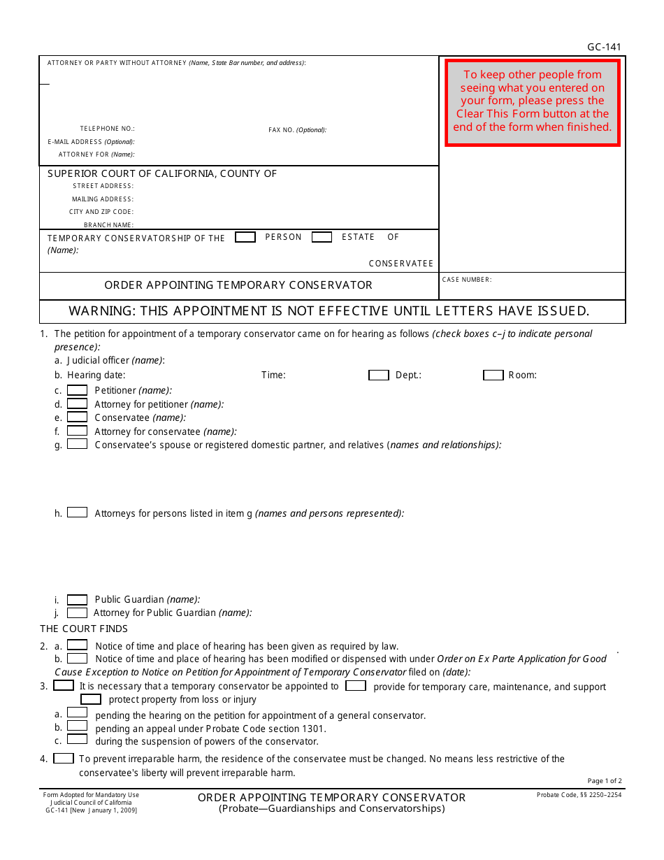 Form GC-141 Order Appointing Temporary Conservator - California, Page 1