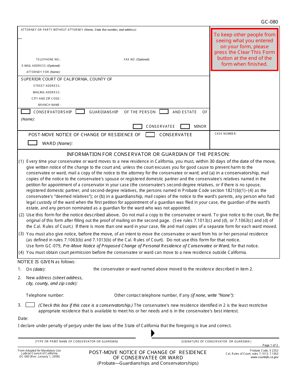 Form GC-080 Change of Residence Notice - California, Page 1