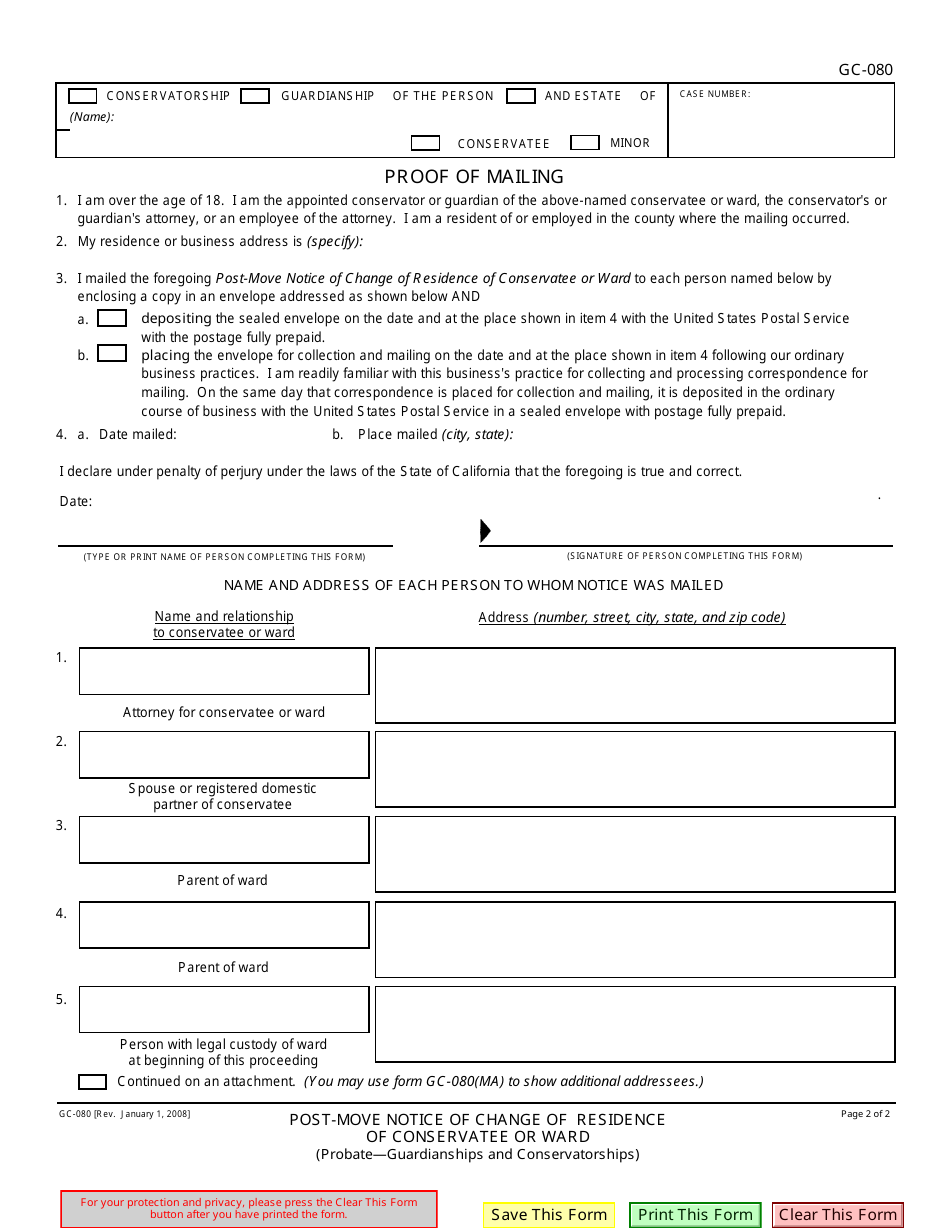 Form GC-080 Change of Residence Notice - California, Page 2
