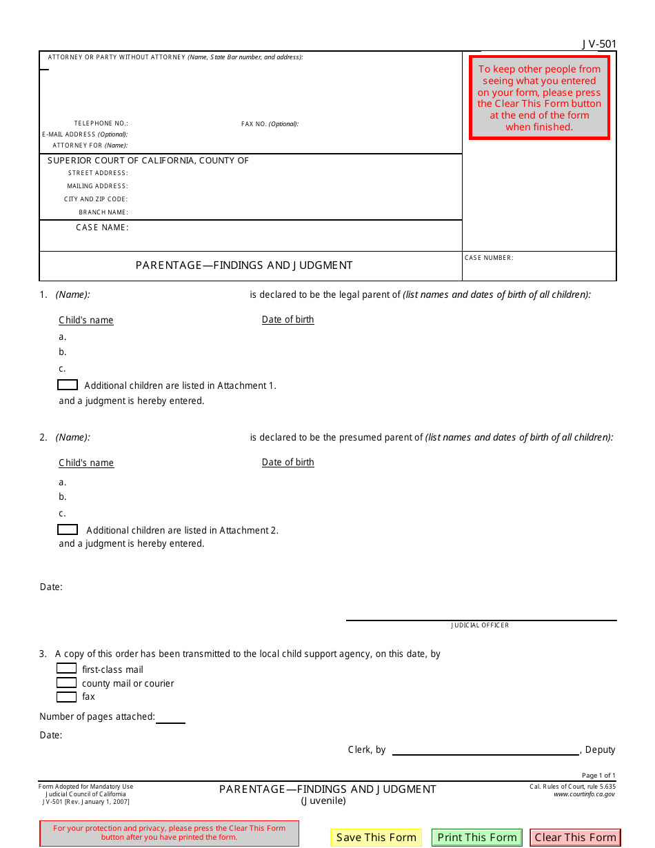 Form JV-501 Parentage - Finding and Judgment - California, Page 1