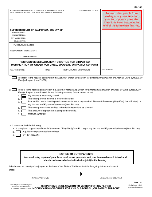 Form FL-392 Responsive Declaration to Motion for Simplified Modification of Order for Child, Spousal, or Family Support - California