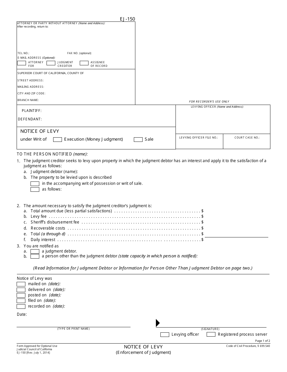 Form EJ-150 Notice of Levy - California, Page 1
