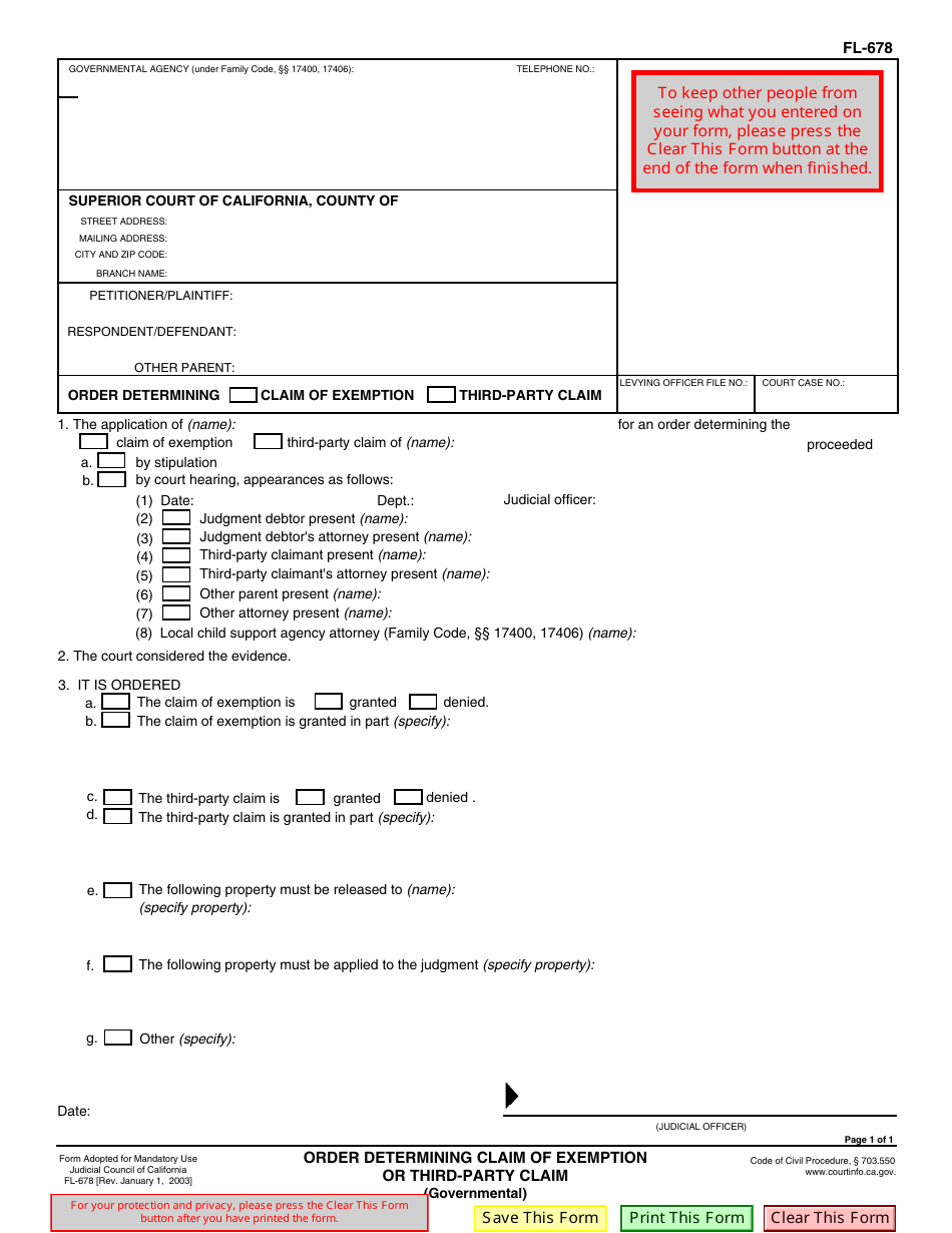 Form FL-678 Order Determining Claim of Exemption or Third-Party Claim (Governmental) - California, Page 1