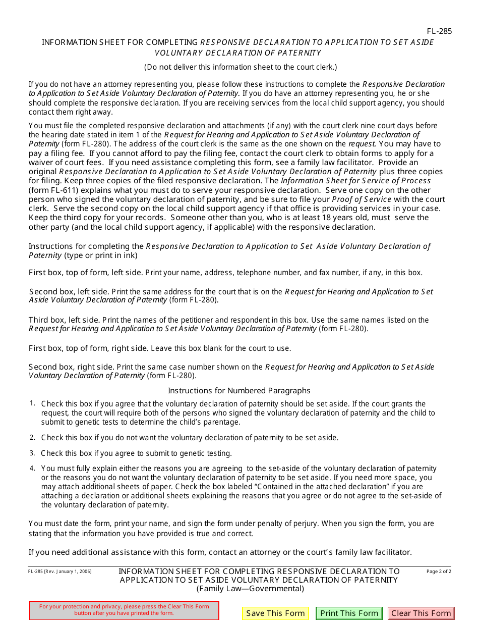 Form FL-285 Responsive Declaration to Application to Set Aside Voluntary Declaration of Paternity - California, Page 2