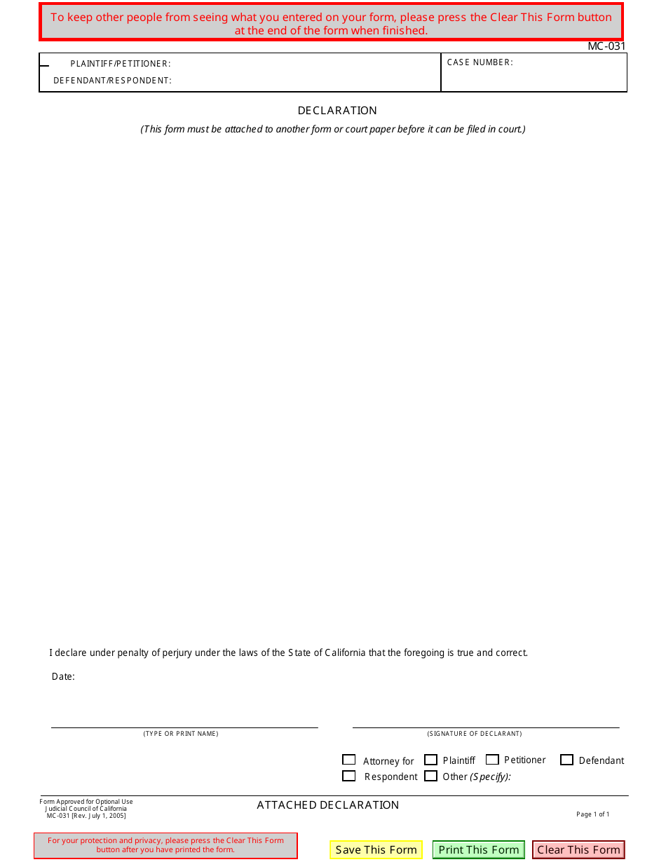 Form MC-031 Attached Declaration - California, Page 1