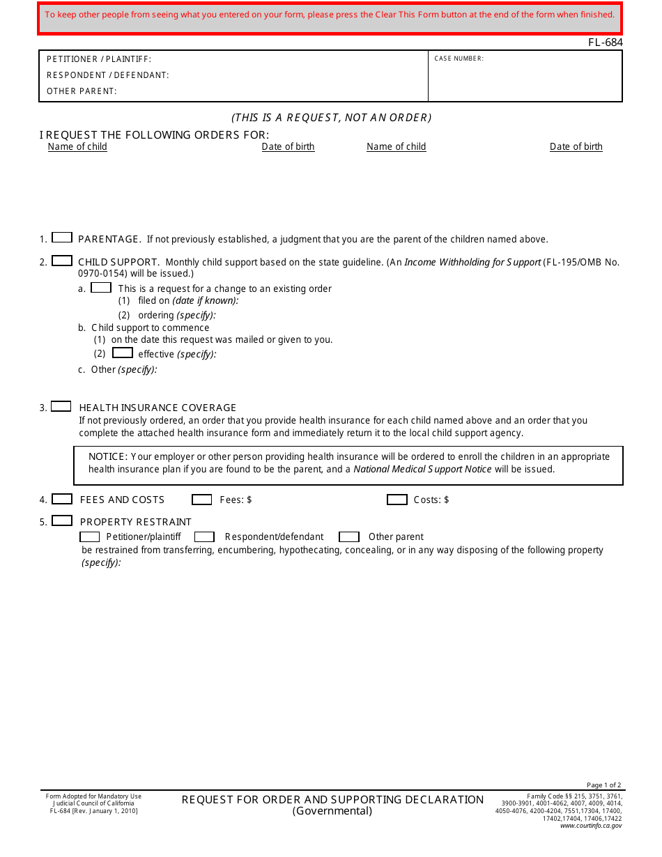 Form FL-684 Request for Order and Supporting Declaration - California, Page 1