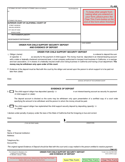 Form FL-400 Order for Child Support Security Deposit and Evidence of Deposit - California