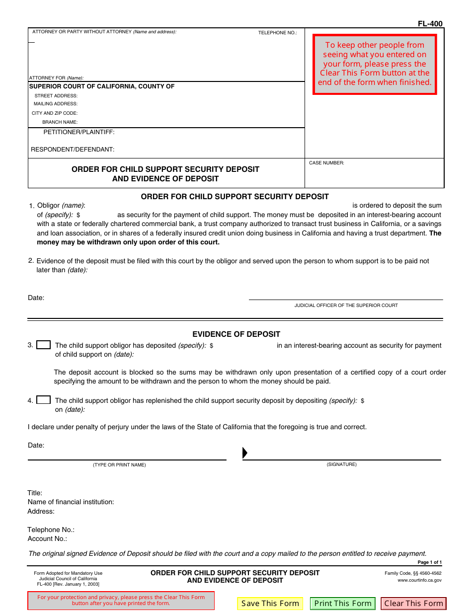 Form FL-400 Order for Child Support Security Deposit and Evidence of Deposit - California, Page 1