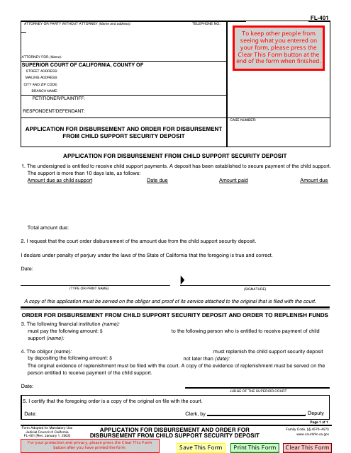 Form FL-401 Application for Disbursement and Order for Disbursement From Child Support Security Deposit - California