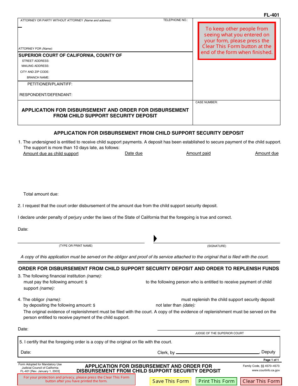 Form FL-401 Application for Disbursement and Order for Disbursement From Child Support Security Deposit - California, Page 1