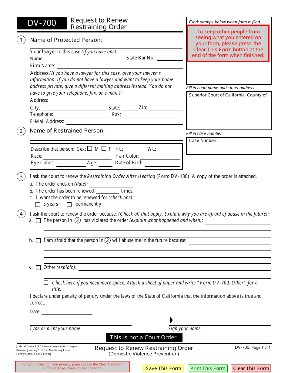 Form DV-700 Request to Renew Restraining Order - California, Page 1