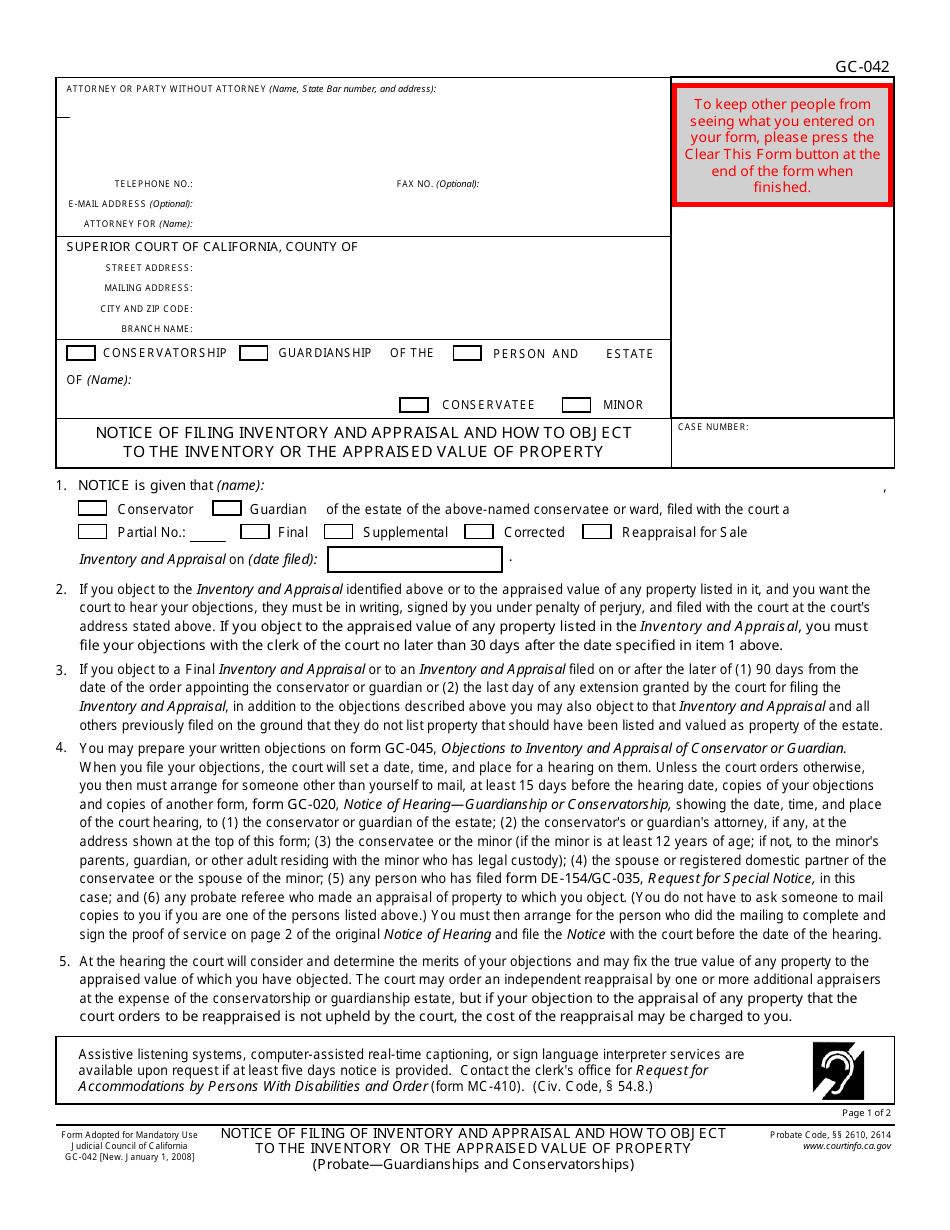 Form GC-042 Notice of Filing of Inventory and Appraisal and How to Object to the Inventory or the Appraised Value of Property - California, Page 1