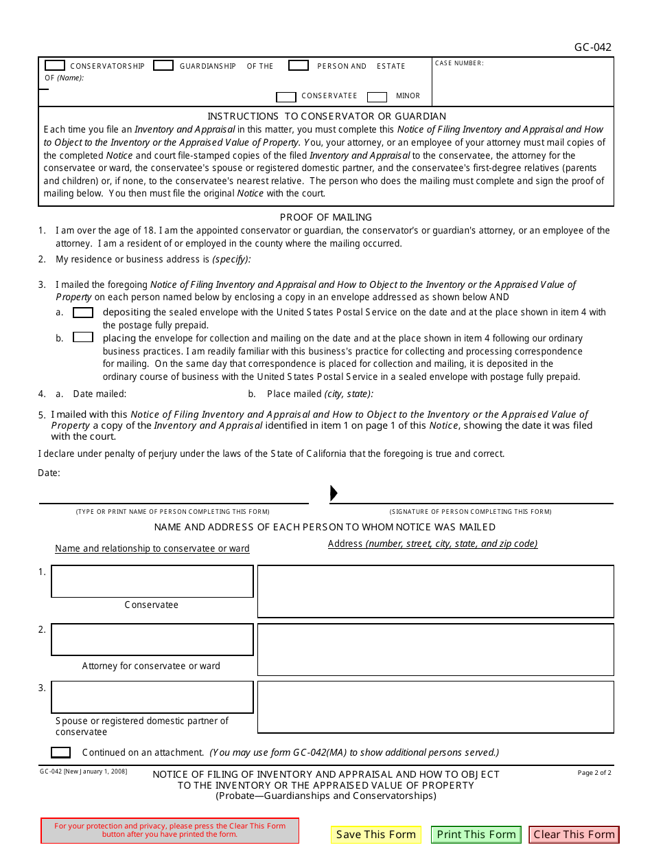 Form GC-042 Notice of Filing of Inventory and Appraisal and How to Object to the Inventory or the Appraised Value of Property - California, Page 2