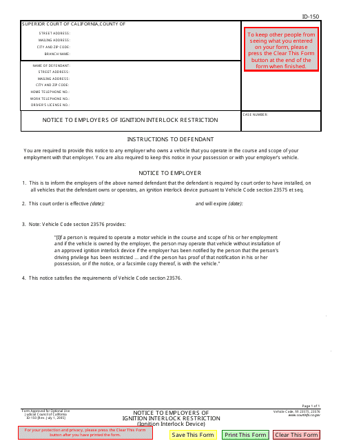 Form ID-150 Notice to Employers of Ignition Interlock Restriction - California