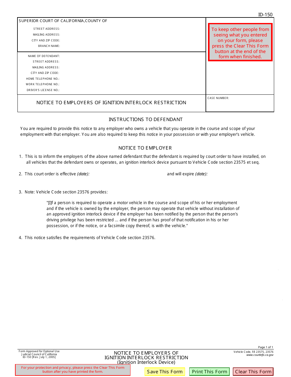 Form ID-150 Notice to Employers of Ignition Interlock Restriction - California, Page 1