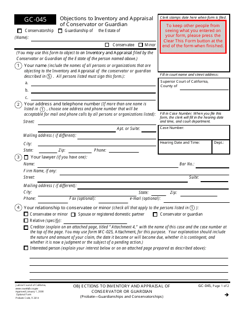 Form GC-045 Objections to Inventory and Appraisal of Conservator or Guardian - California