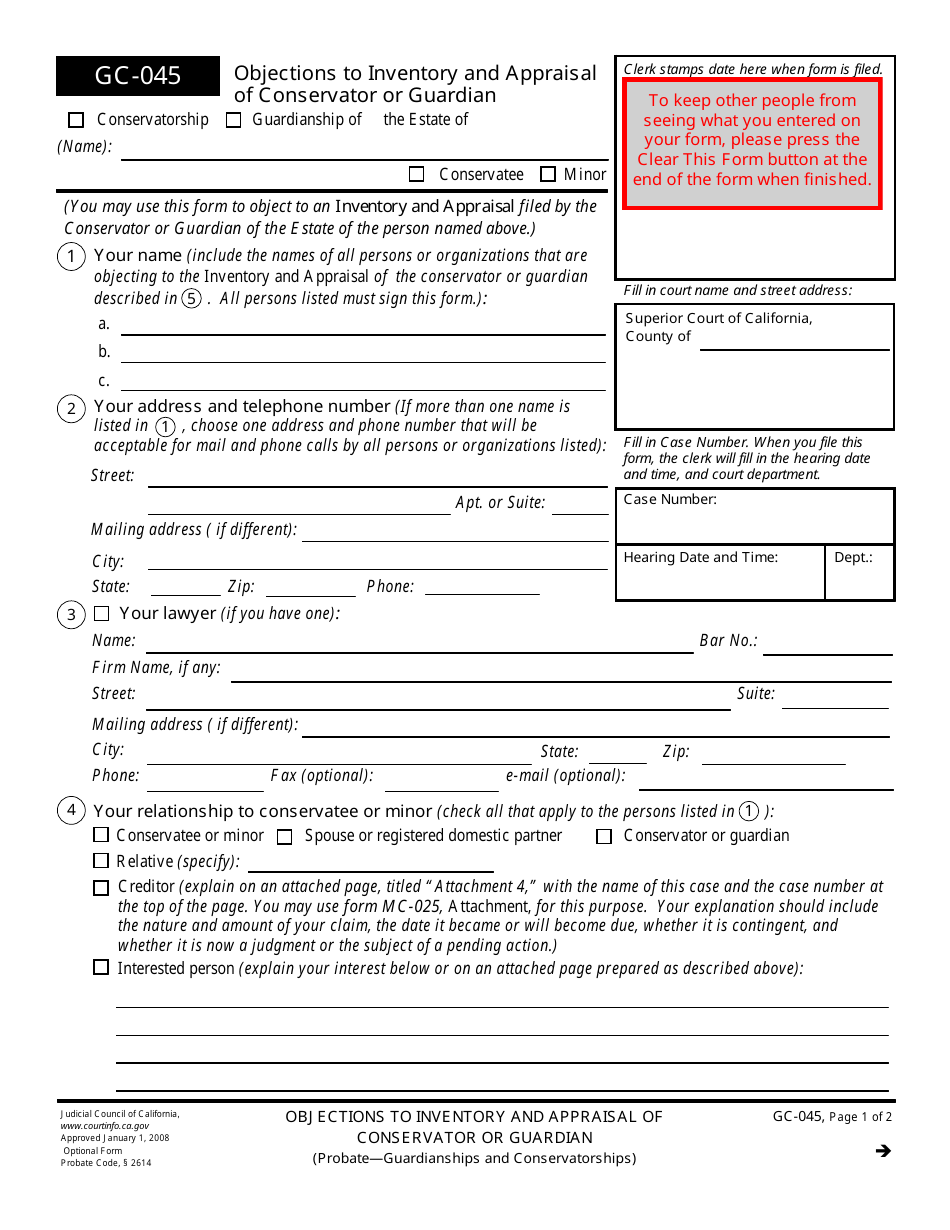 Form GC-045 Objections to Inventory and Appraisal of Conservator or Guardian - California, Page 1