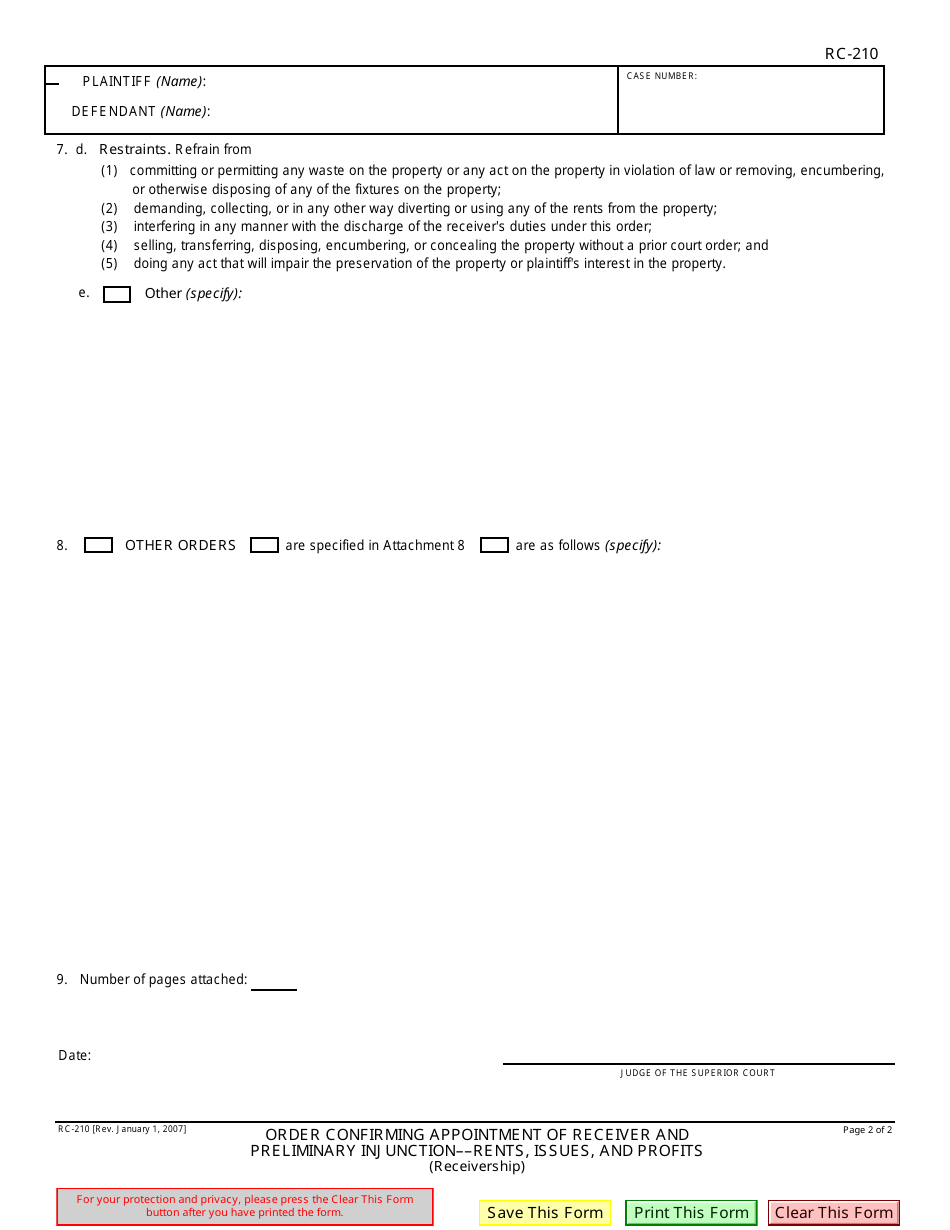 Form RC-210 Order Confirming Appointment of Receiver and Preliminary Injunction - Rents, Issues, and Profits-Receivership - California, Page 2