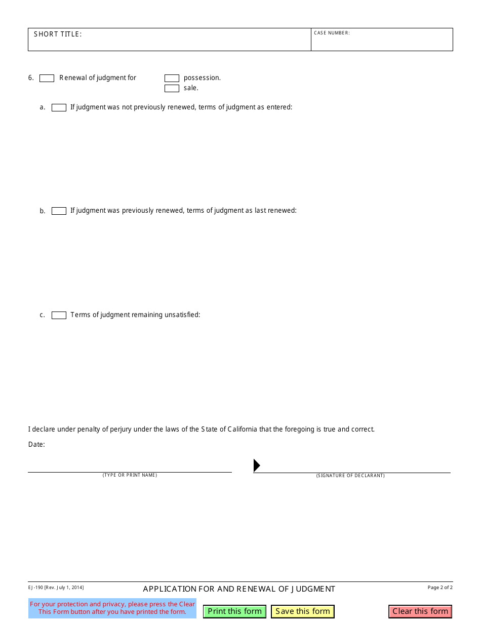 Form EJ-190 Application for and Renewal of Judgment - California, Page 2