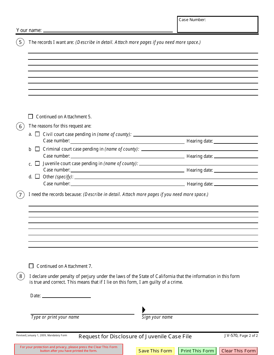 Form JV-570 Request for Disclosure of Juvenile Case File - California, Page 2
