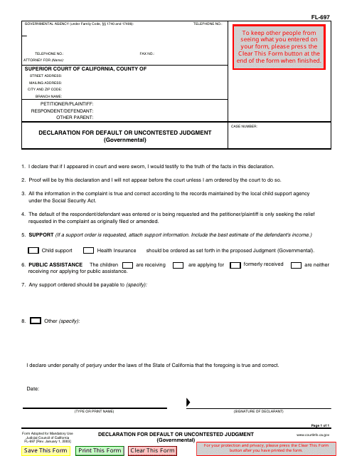 Form FL-697 Declaration for Default or Uncontested Judgment - California
