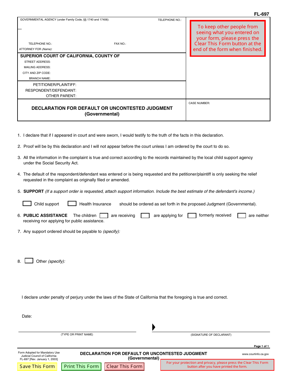 Form FL-697 Declaration for Default or Uncontested Judgment - California, Page 1