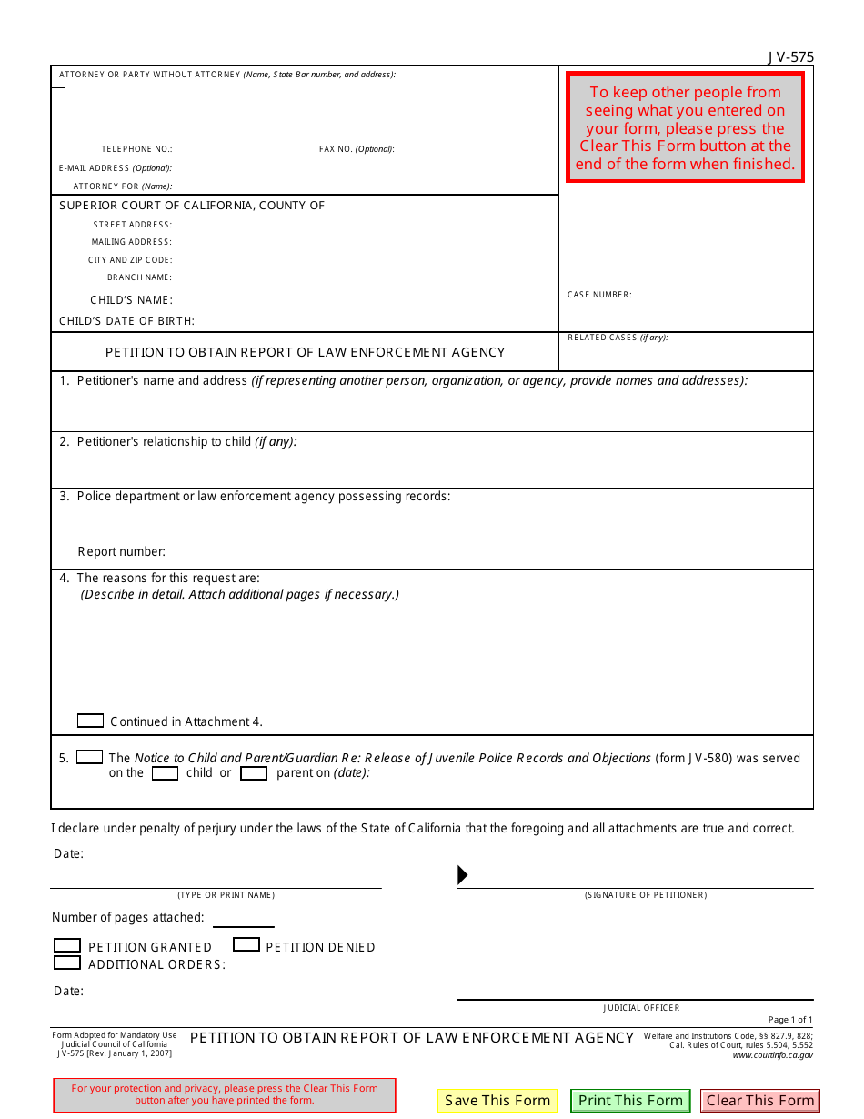 Form JV-575 Petition to Obtain Report of Law Enforcement Agency - California, Page 1