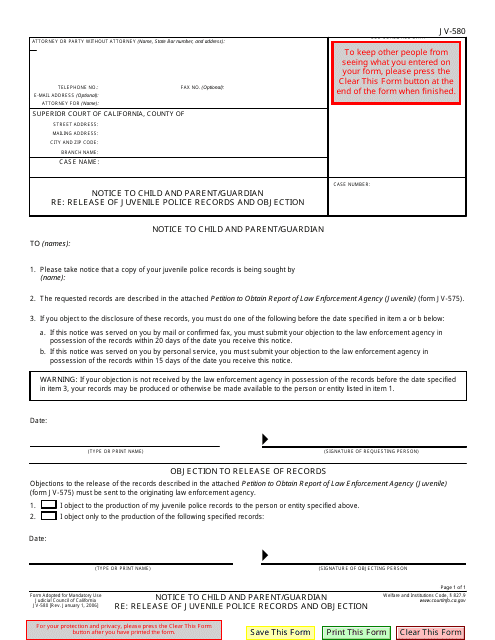 Form JV-580 Notice to Child and Parent/Guardian Re: Release of Juvenile Police Records and Objection - California