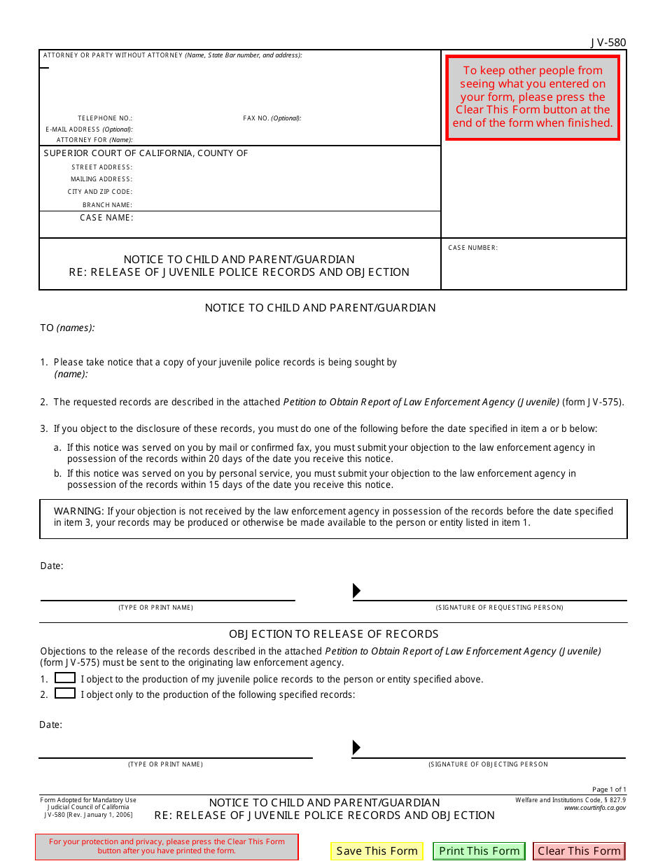 Form JV-580 - Fill Out, Sign Online and Download Fillable PDF ...