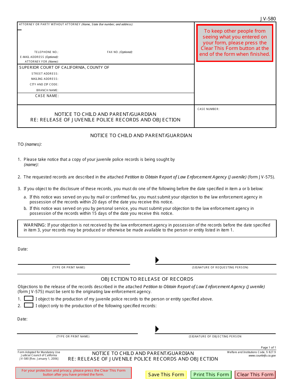 Form JV-580 Notice to Child and Parent / Guardian Re: Release of Juvenile Police Records and Objection - California, Page 1
