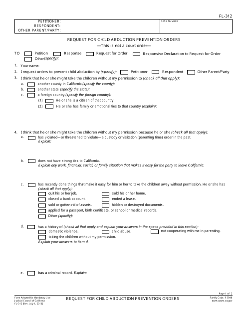 Form FL-312 Request for Child Abduction Prevention Orders - California