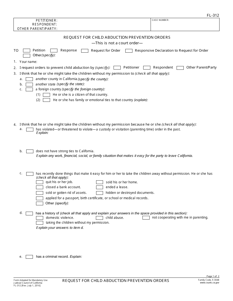 Form Fl-312 - Fill Out, Sign Online And Download Fillable Pdf 