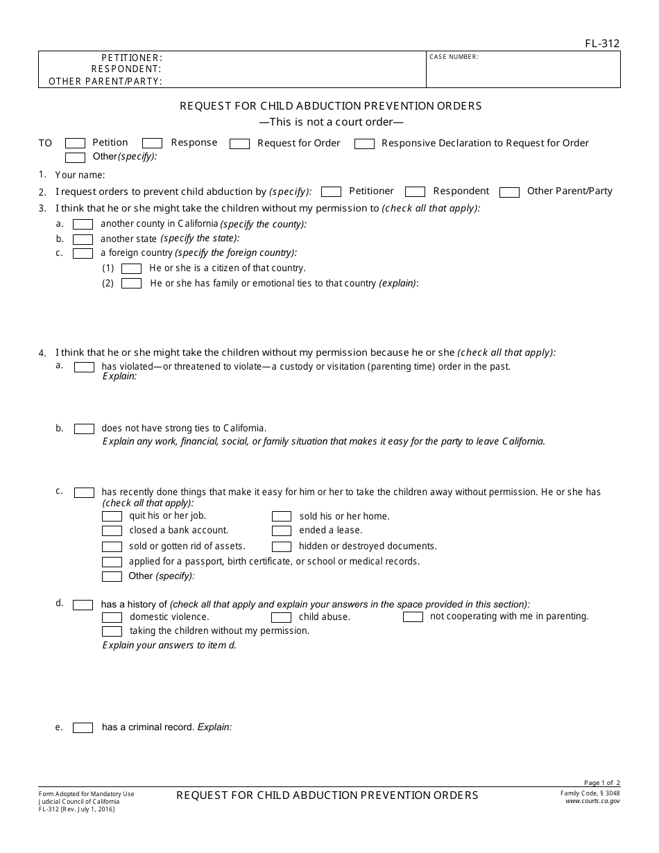 Form FL-312 Request for Child Abduction Prevention Orders - California, Page 1