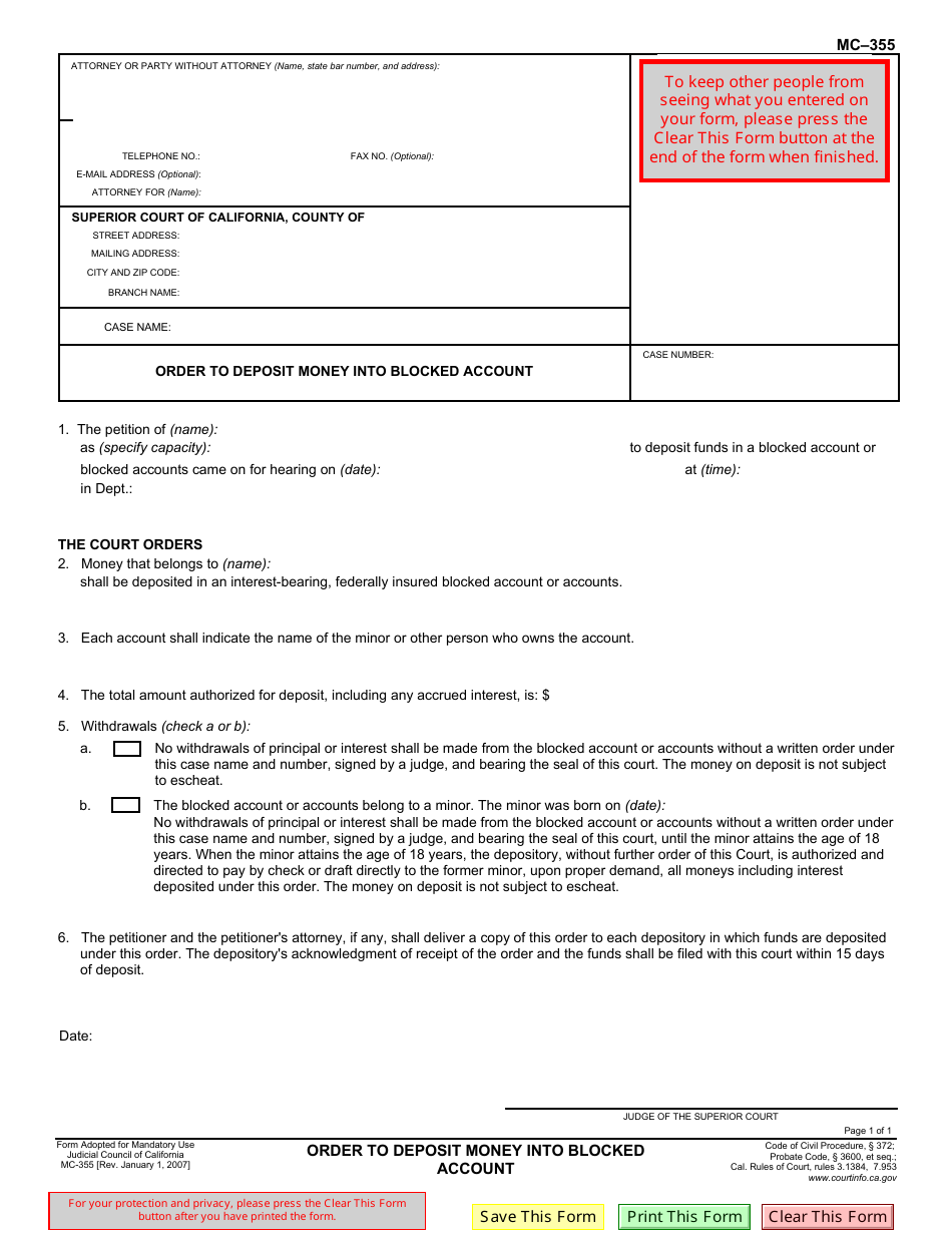 Form MC-355 Order to Deposit Money Into Blocked Account - California, Page 1