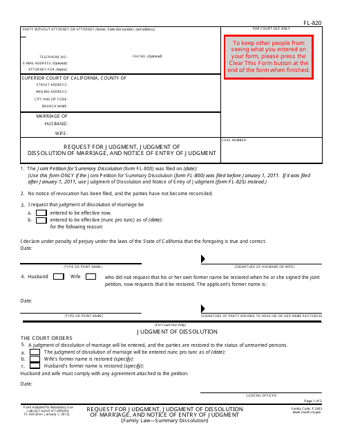 Form FL-820 Request for Judgment, Judgment of Dissolution of Marriage, and Notice of Entry of Judgment - California