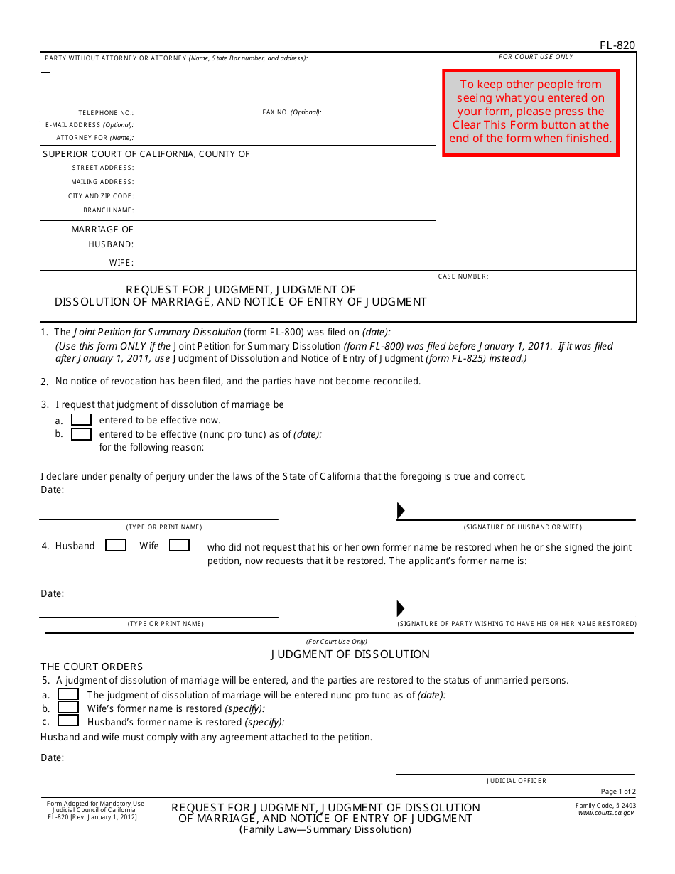 Form FL-820 Request for Judgment, Judgment of Dissolution of Marriage, and Notice of Entry of Judgment - California, Page 1