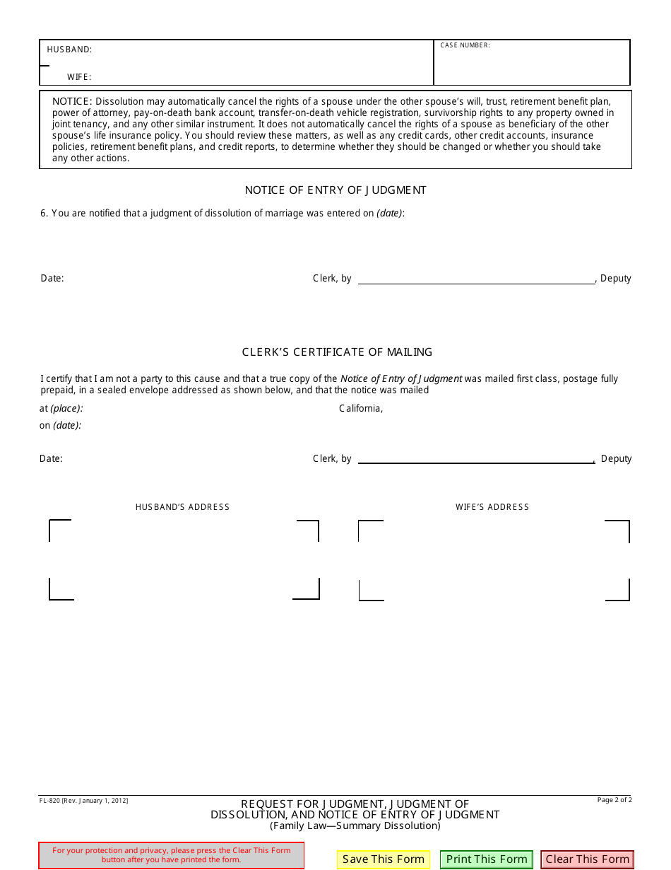 Form FL-820 Request for Judgment, Judgment of Dissolution of Marriage, and Notice of Entry of Judgment - California, Page 2
