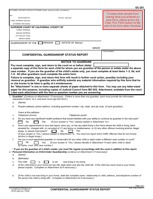 Form GC-251 Confidential Guardianship Status Report - California