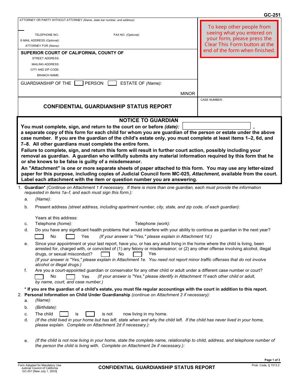 Form GC-251 Confidential Guardianship Status Report - California, Page 1