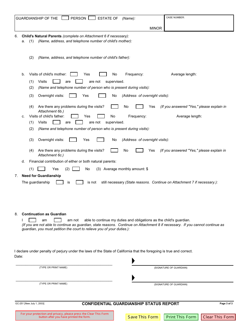 Form GC-251 Confidential Guardianship Status Report - California, Page 3
