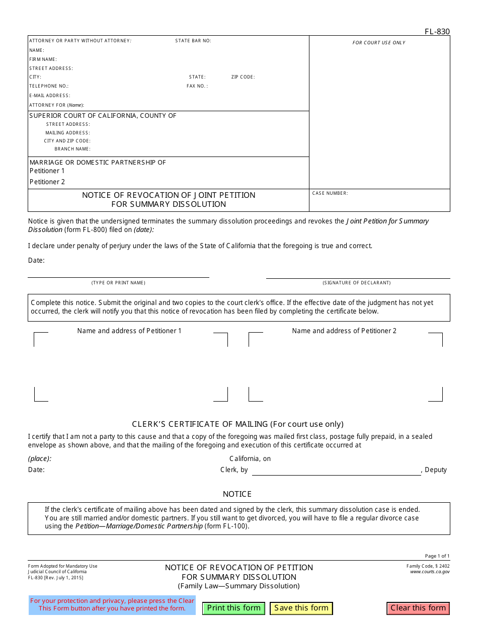 Form FL-830 Notice of Revocation of Joint Petition for Summary Dissolution - California, Page 1