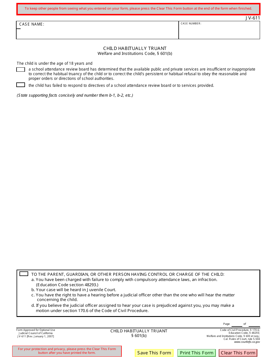Form JV-611 Child Habitually Truant - California, Page 1