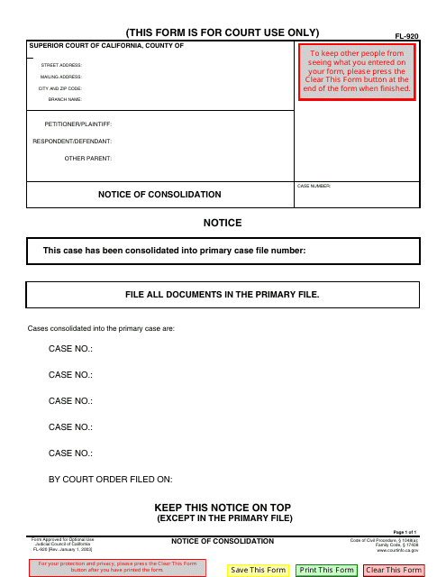 Form FL-920 Notice of Consolidation - California